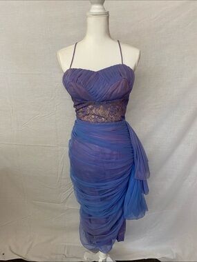 Lilli Diamond Lavender-Blue Ruched Lace Midi Dress